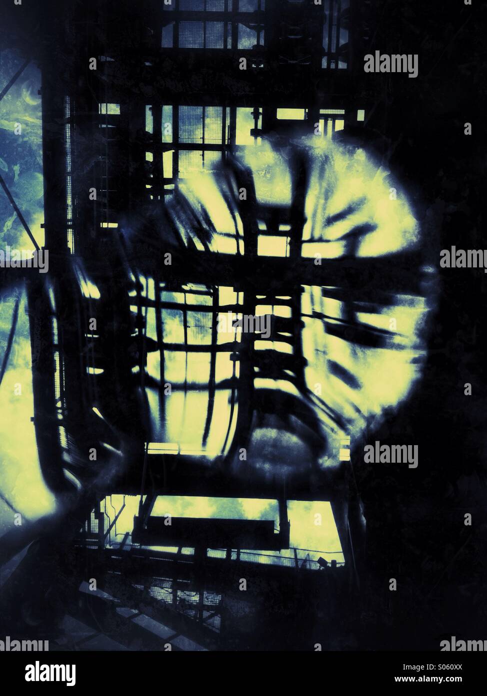 Mechanism on Anderton boat lift seen through rain drop - Smartphone Captured Stock Image