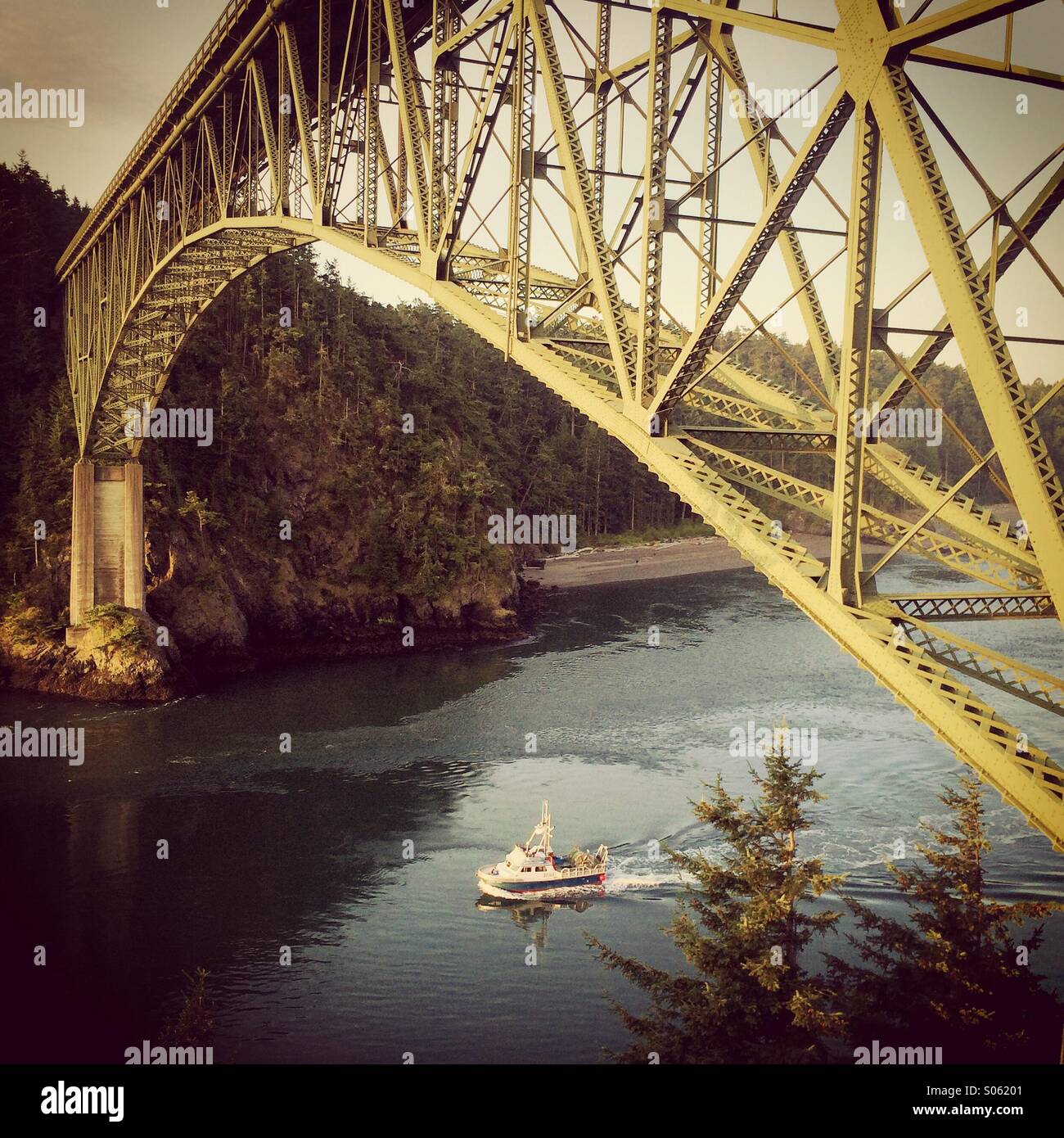 Deception Pass Bridge, Whidbey Island, Washington, Fishing boat - Smartphone Captured Stock Image