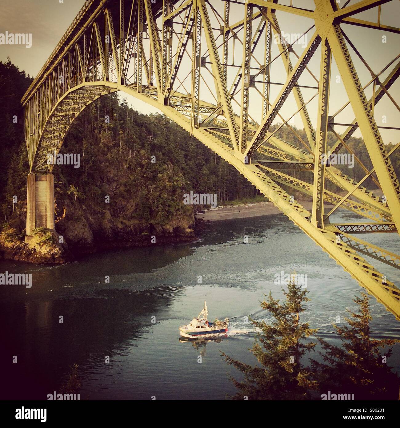 Deception Pass Bridge, Whidbey Island, Washington, Fishing boat Stock Photo