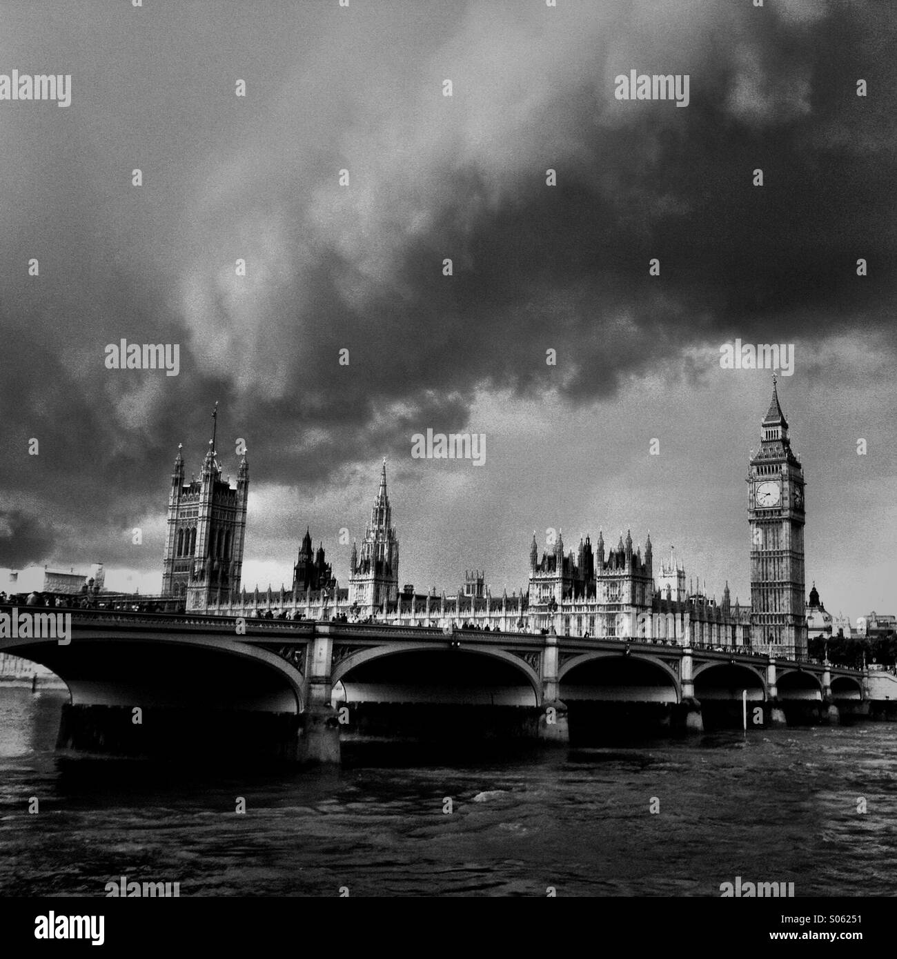 Dark heavy storm clouds over Big Ben and parliament.  London, England UK Stock Photo