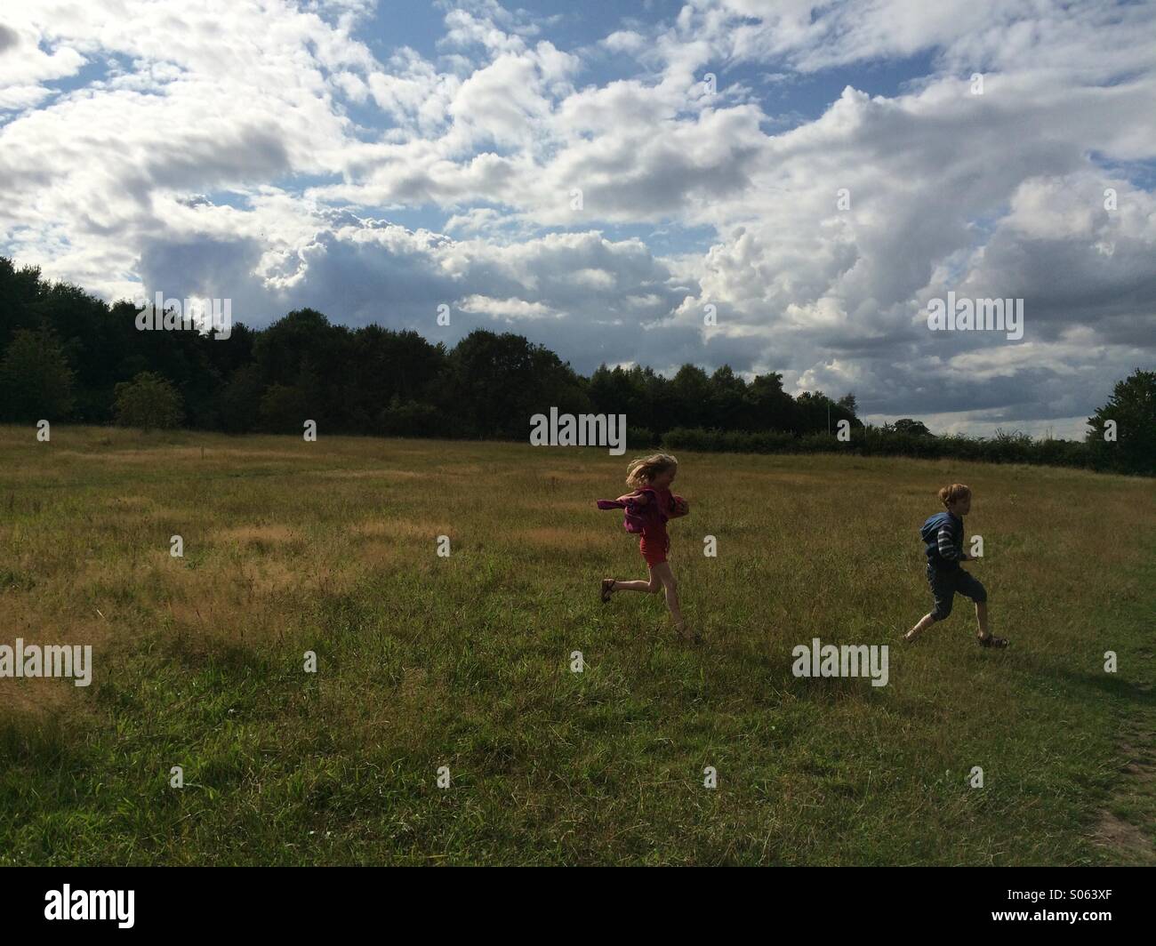 Children running through a field, English Summer. - Smartphone Captured Stock Image