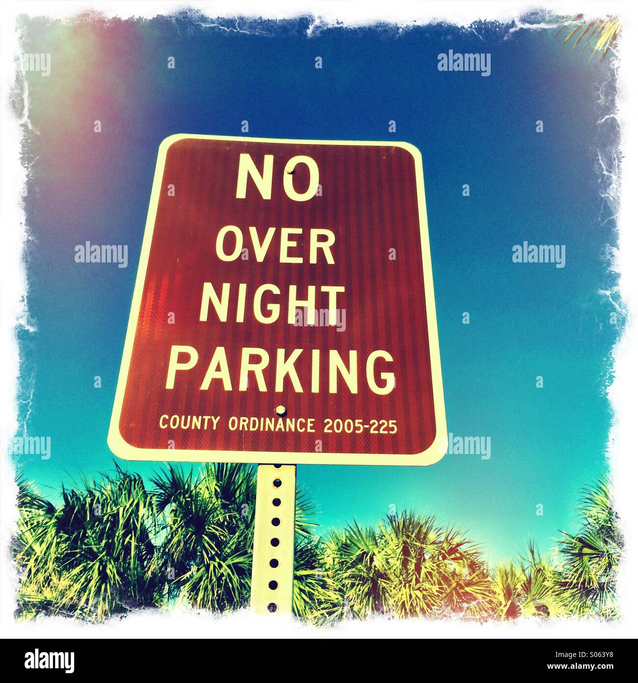 No Overnight Parking Sign at the beach, Vilano Beach, Florida, USA. Stock Photo