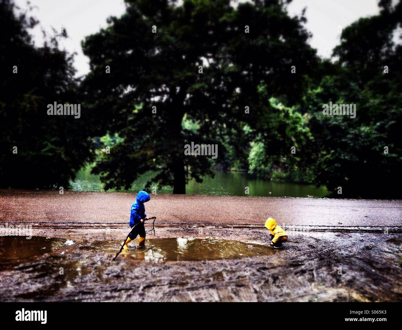 Twijfel kids playing in a puddle. Stock Photo