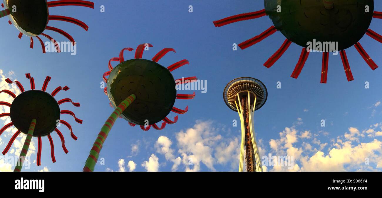 Space Needle & Sonic Bloom sculpture by Dan Corson, Seattle Center, Seattle, Washington - Smartphone Captured Stock Image