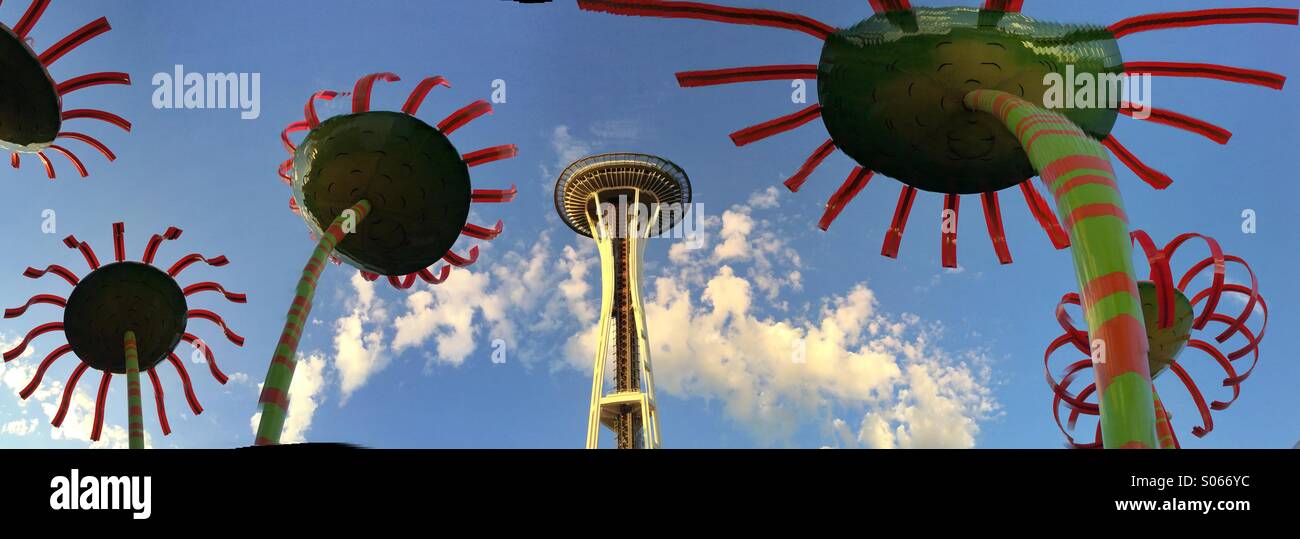 Space Needle & Sonic Bloom sculpture by Dan Corson, Seattle Center, Seattle - Smartphone Captured Stock Image