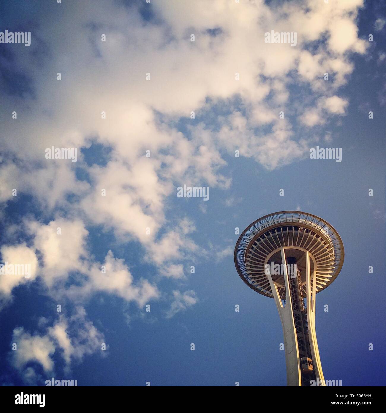 Space Needle, clouds, Seattle Center, Seattle Stock Photo