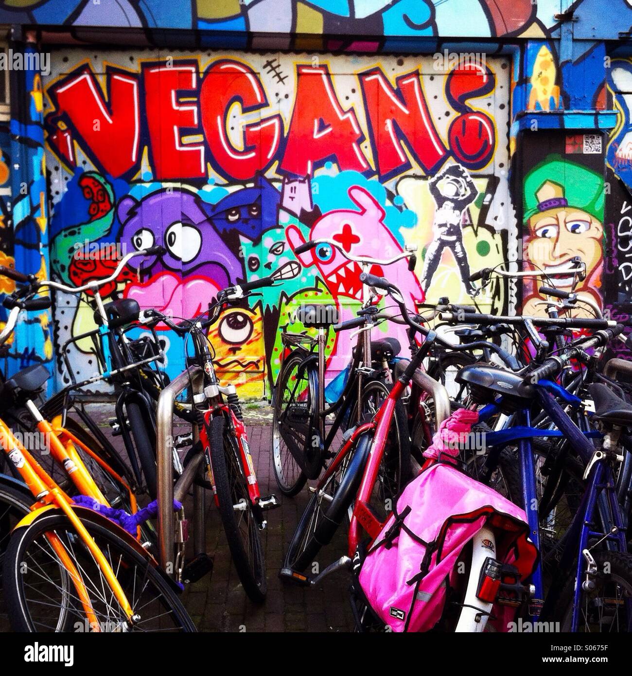 Graffiti and bikes. Amsterdam, the Netherlands Europe. Stock Photo