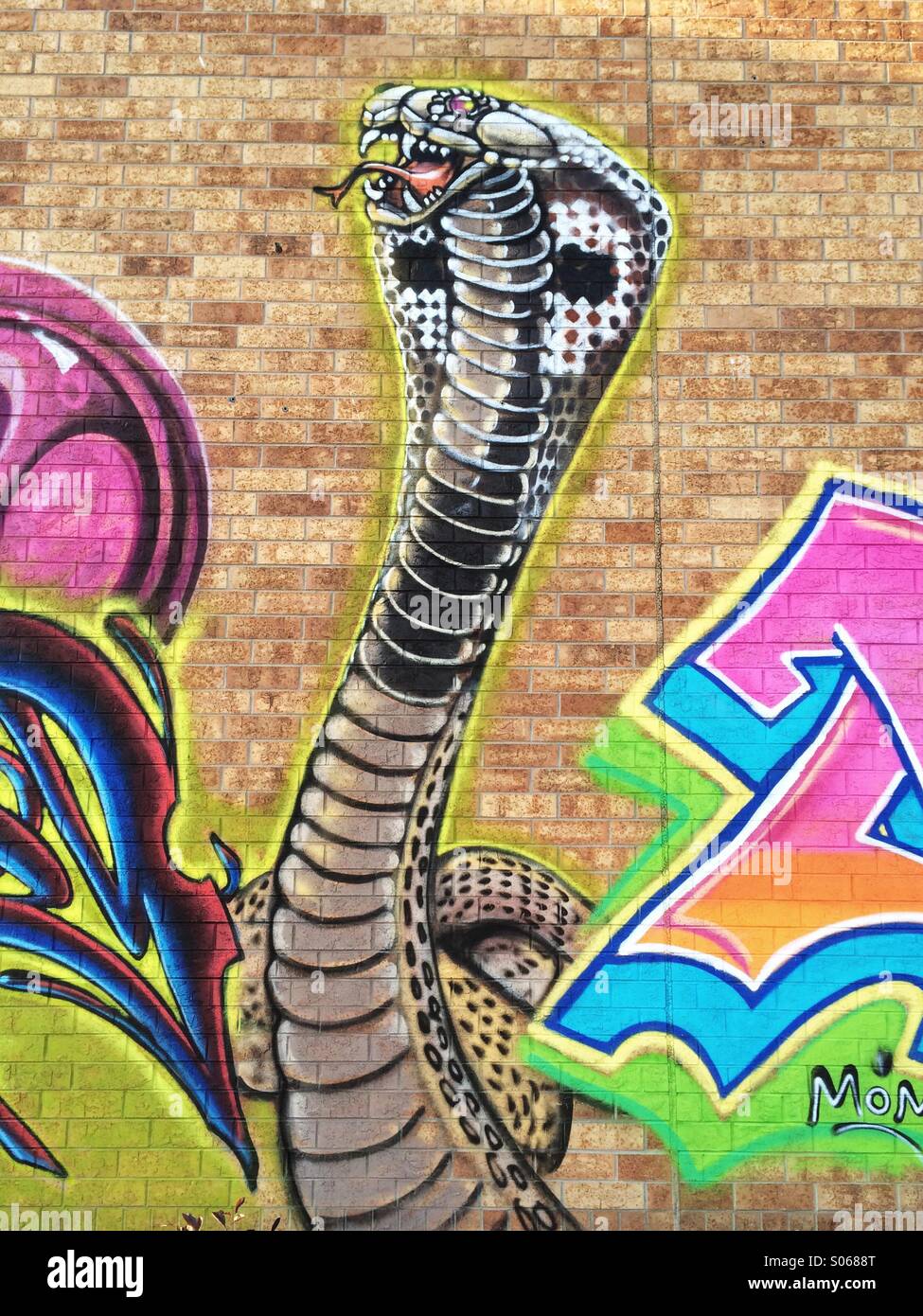 Amazing graffiti art of a cobra on a wall of a mall that has been torn down in Longmont, Colorado Stock Photo