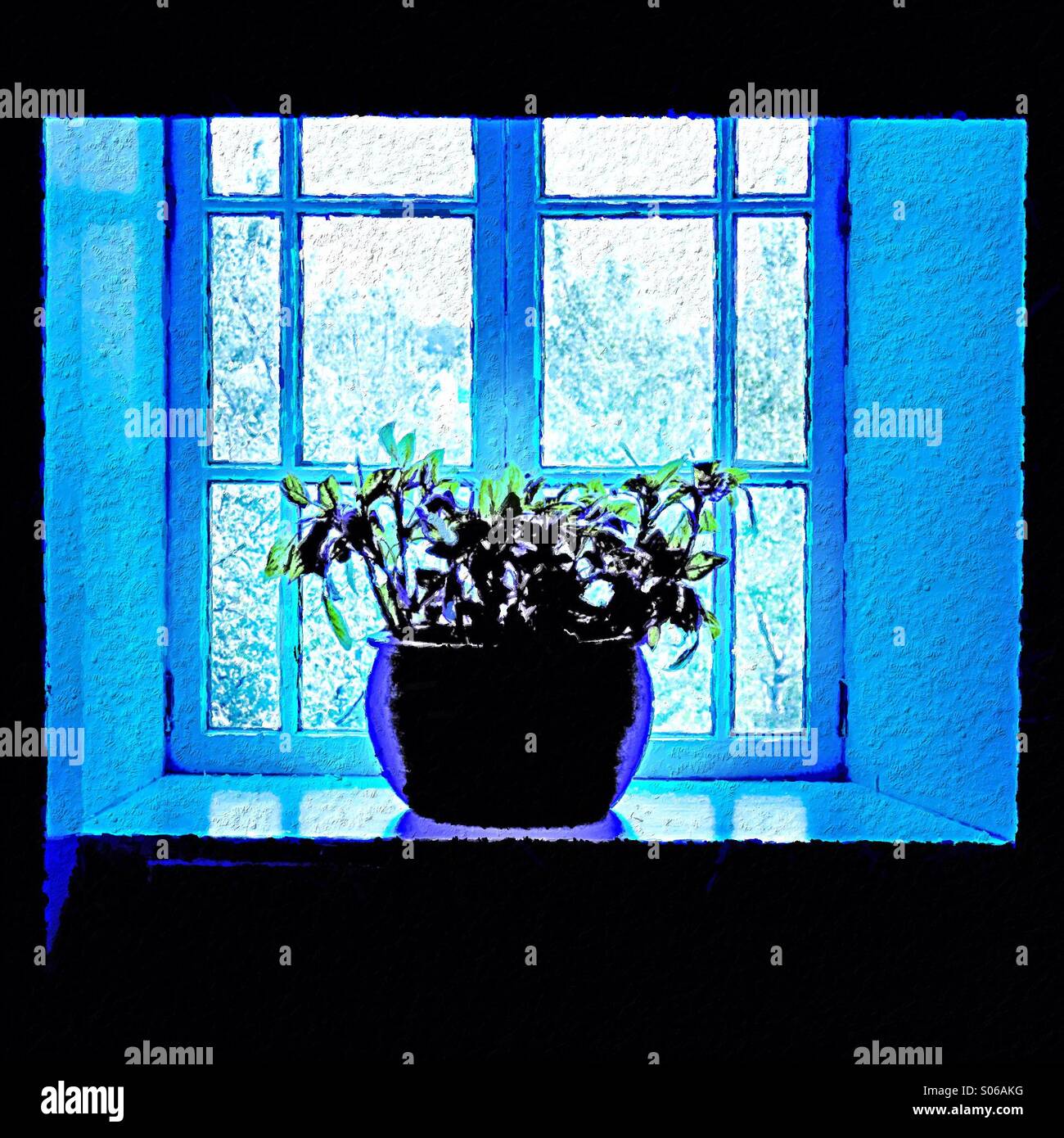 Potted Plant On A Window Sill Painting Effect Stock Photo