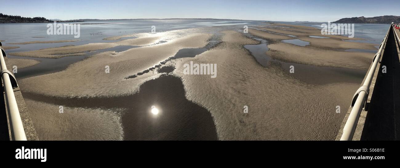 Sand bars viewed from Astoria-Megler Bridge, Columbia River mouth, Astoria, Oregon. Panorama - Smartphone Captured Stock Image