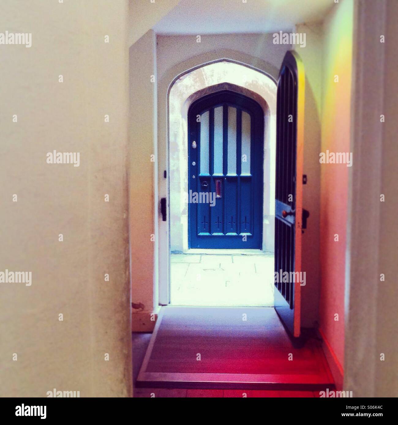 Looking through a doorway from the kitchens in Hampton Court Palace Stock Photo