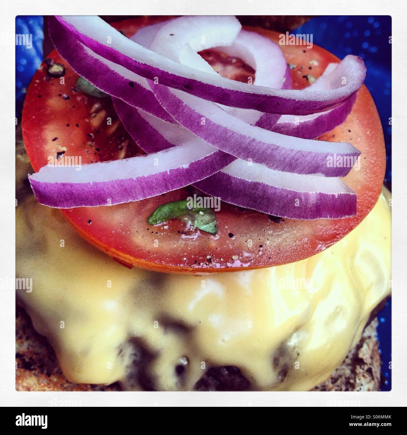 Cheeseburger with Tomato and Onion - Smartphone Captured Stock Image