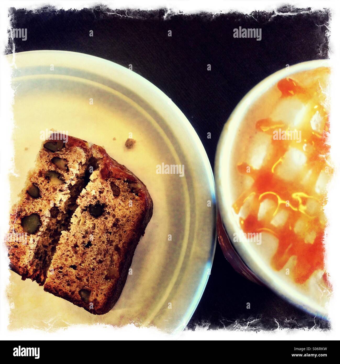 Caramel latte and banana nut bread to go. - Smartphone Captured Stock Image