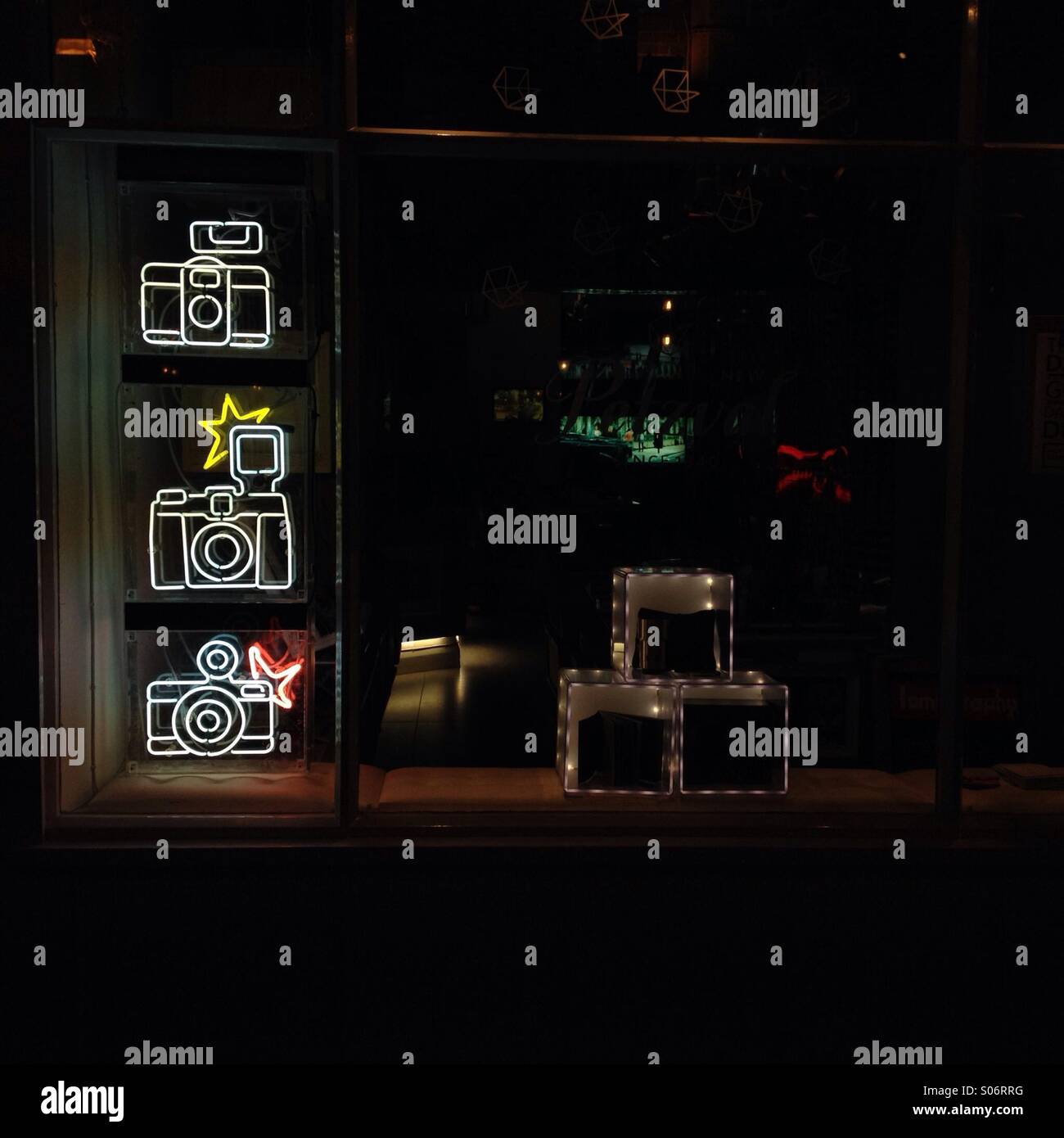 Photography shop window at night - Smartphone Captured Stock Image