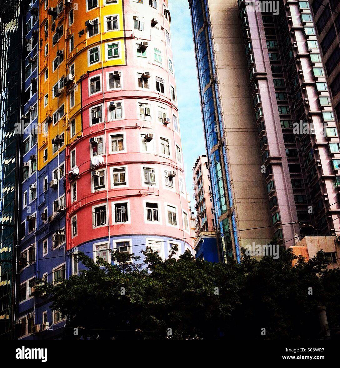It'a a photo of a round tower in hong kong. It's very colorful - Smartphone Captured Stock Image