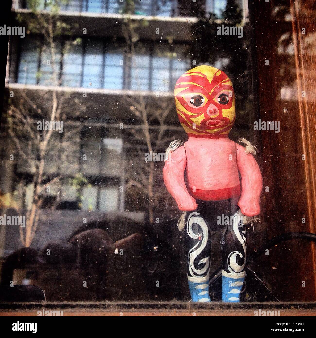 A doll of a free fight wrestler decorates a window that reflects a building in Colonia Roma, Mexico City, Mexico Stock Photo