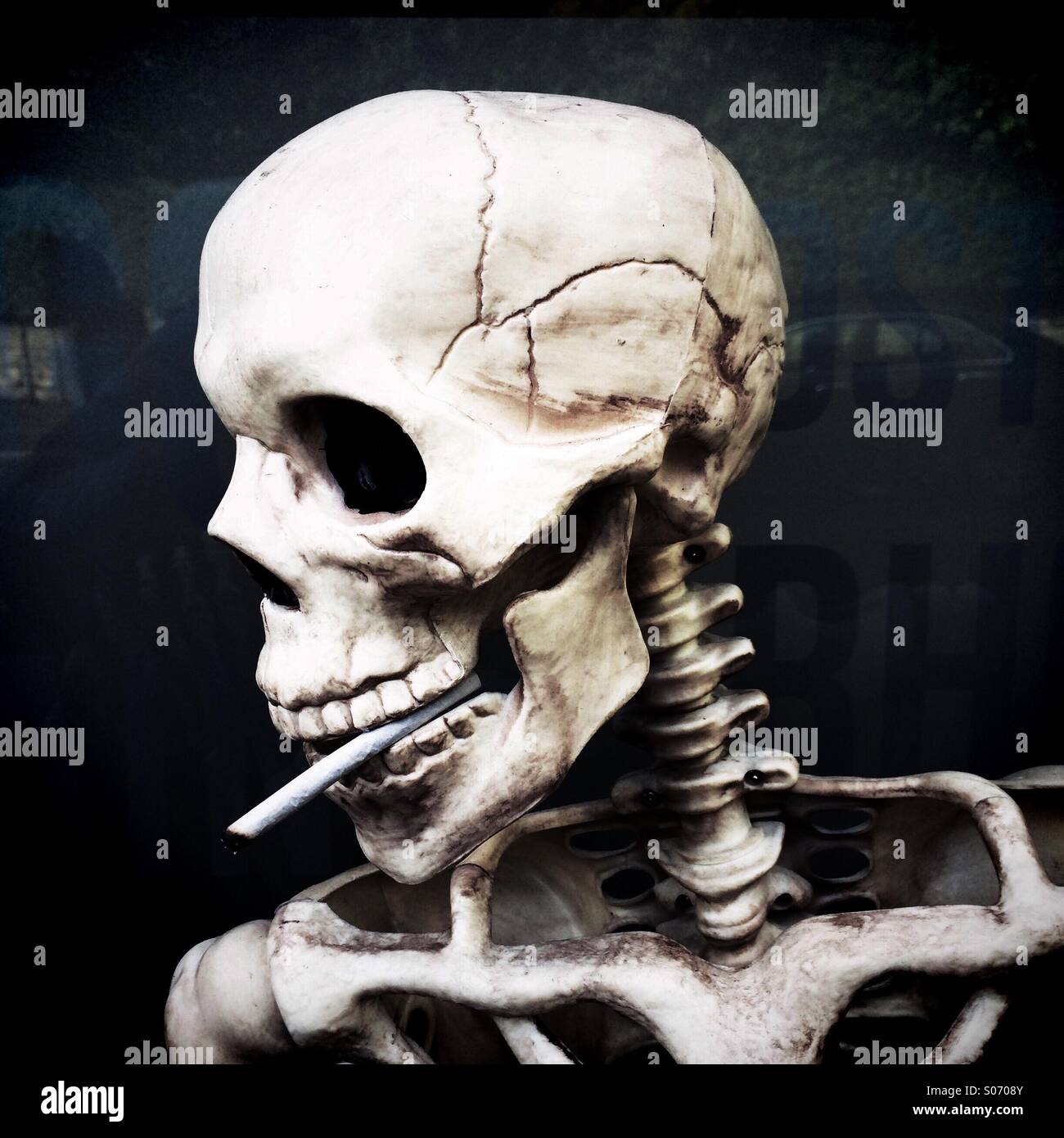 A skeleton smoking a cigarette - Smartphone Captured Stock Image
