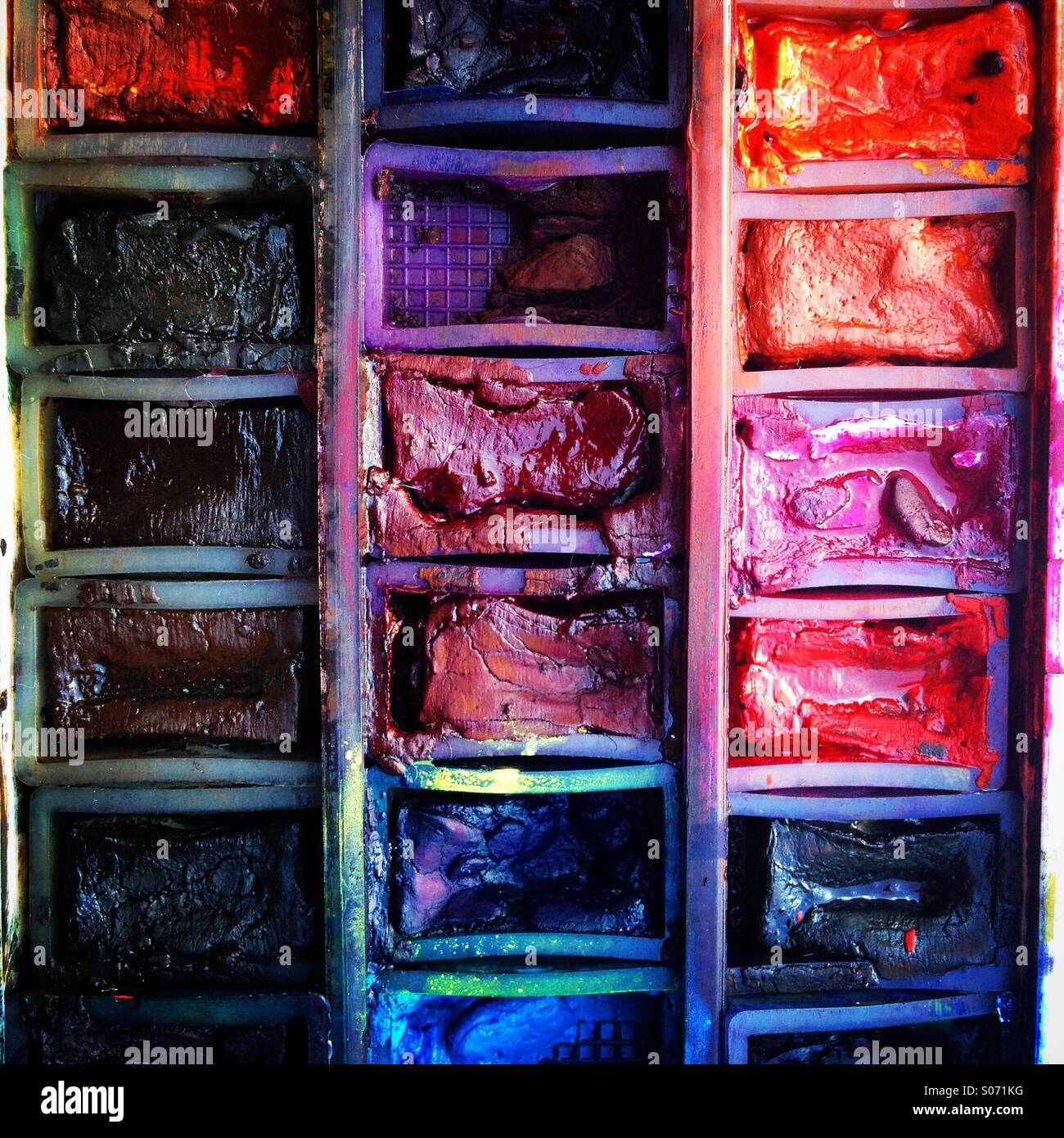 Well used artists watercolour paint palette close-up. Mobile phone photo with some phone or tablet post processing. - Smartphone Captured Stock Image