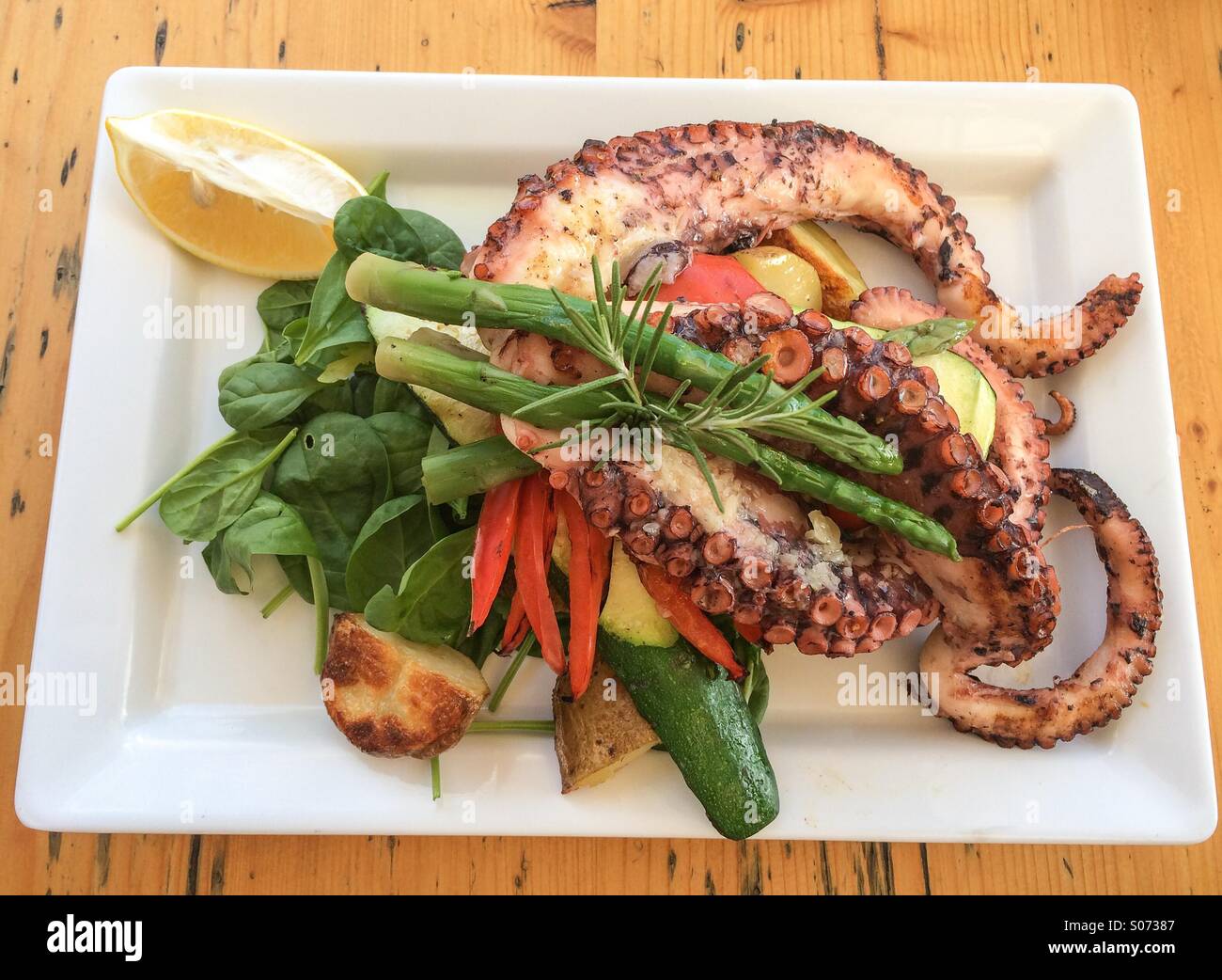 Mediterranean style grilled octopus tentacles with vegetables Stock Photo
