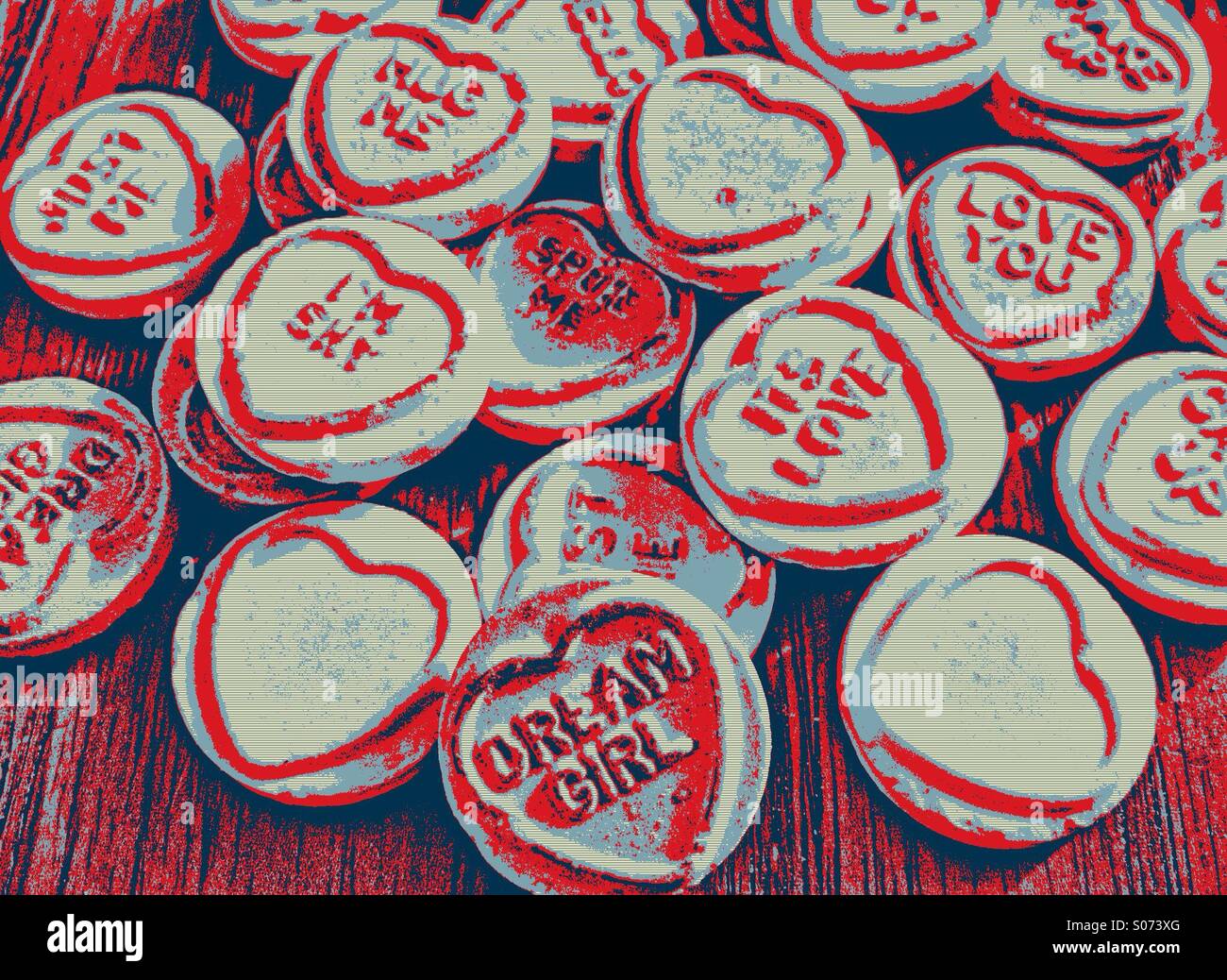 Pop art style photo of love heart sweets Stock Photo