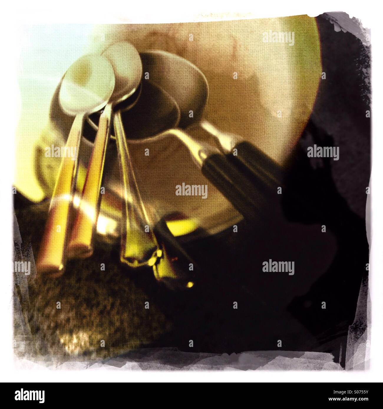 Spoons and dirty dishes to be washed up Stock Photo Alamy