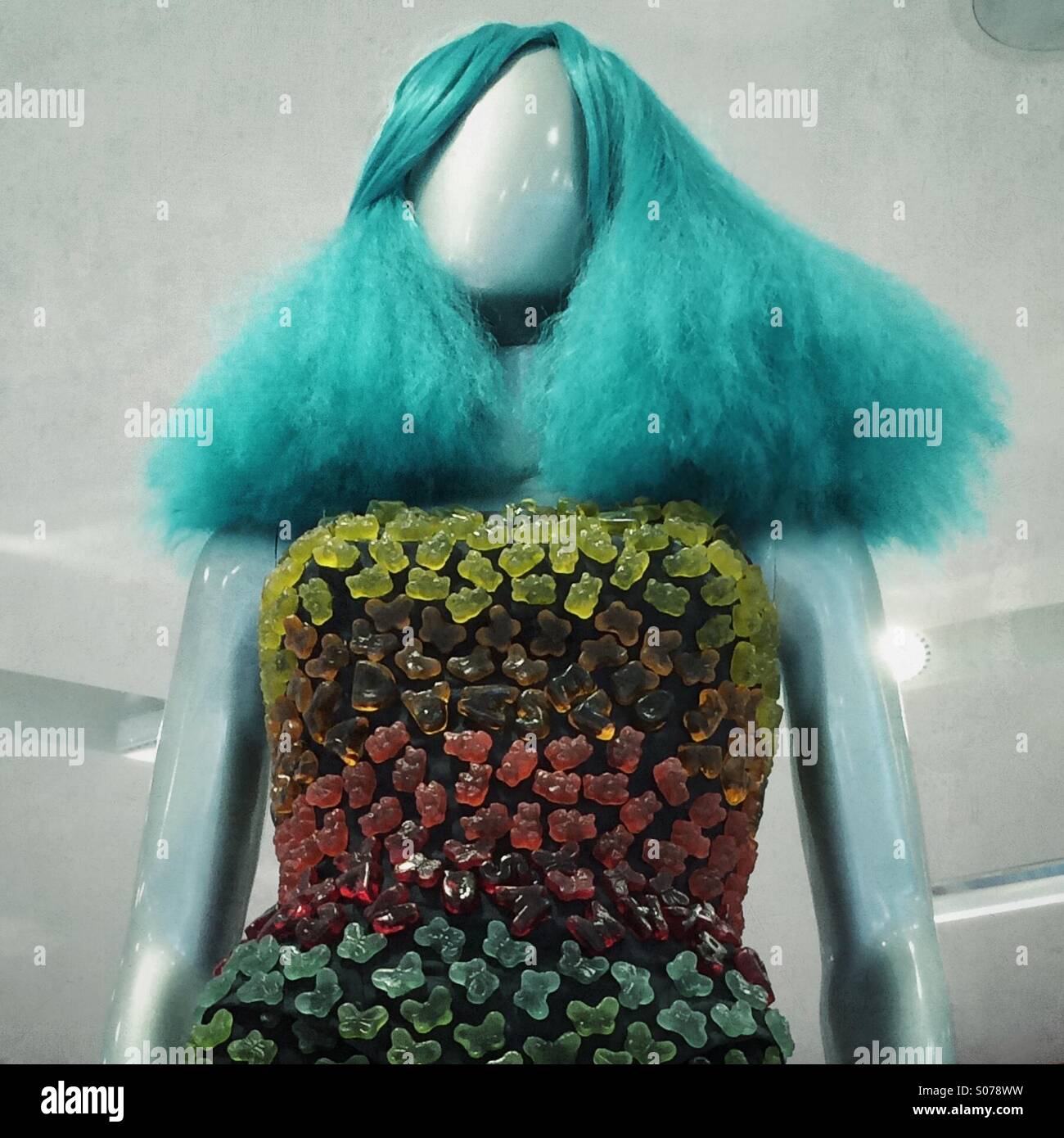 An edible dress made out of gummy bears candy on a mannequin. - Smartphone Captured Stock Image