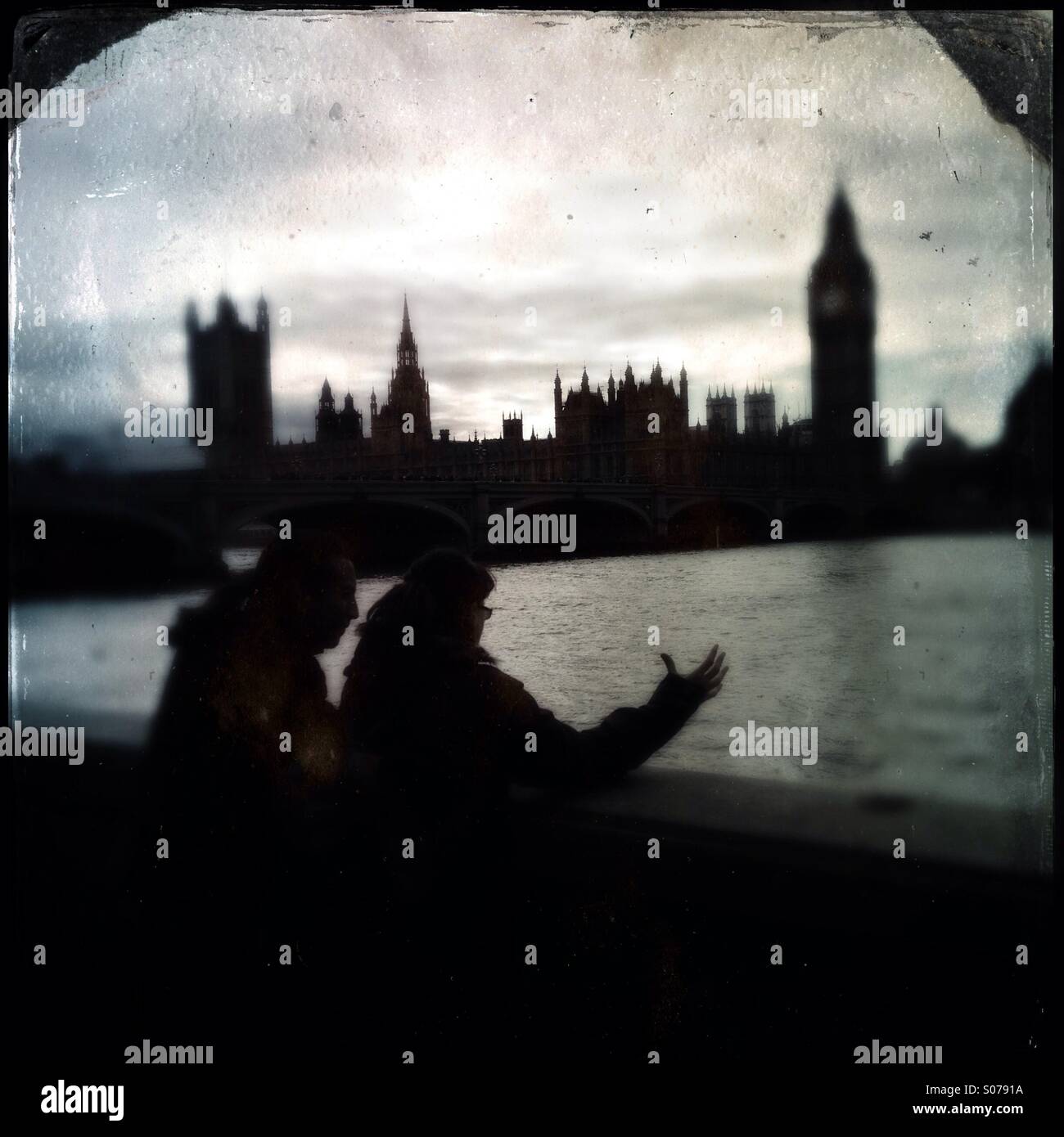 London view and silhouettes photographed in vintage style - Smartphone Captured Stock Image