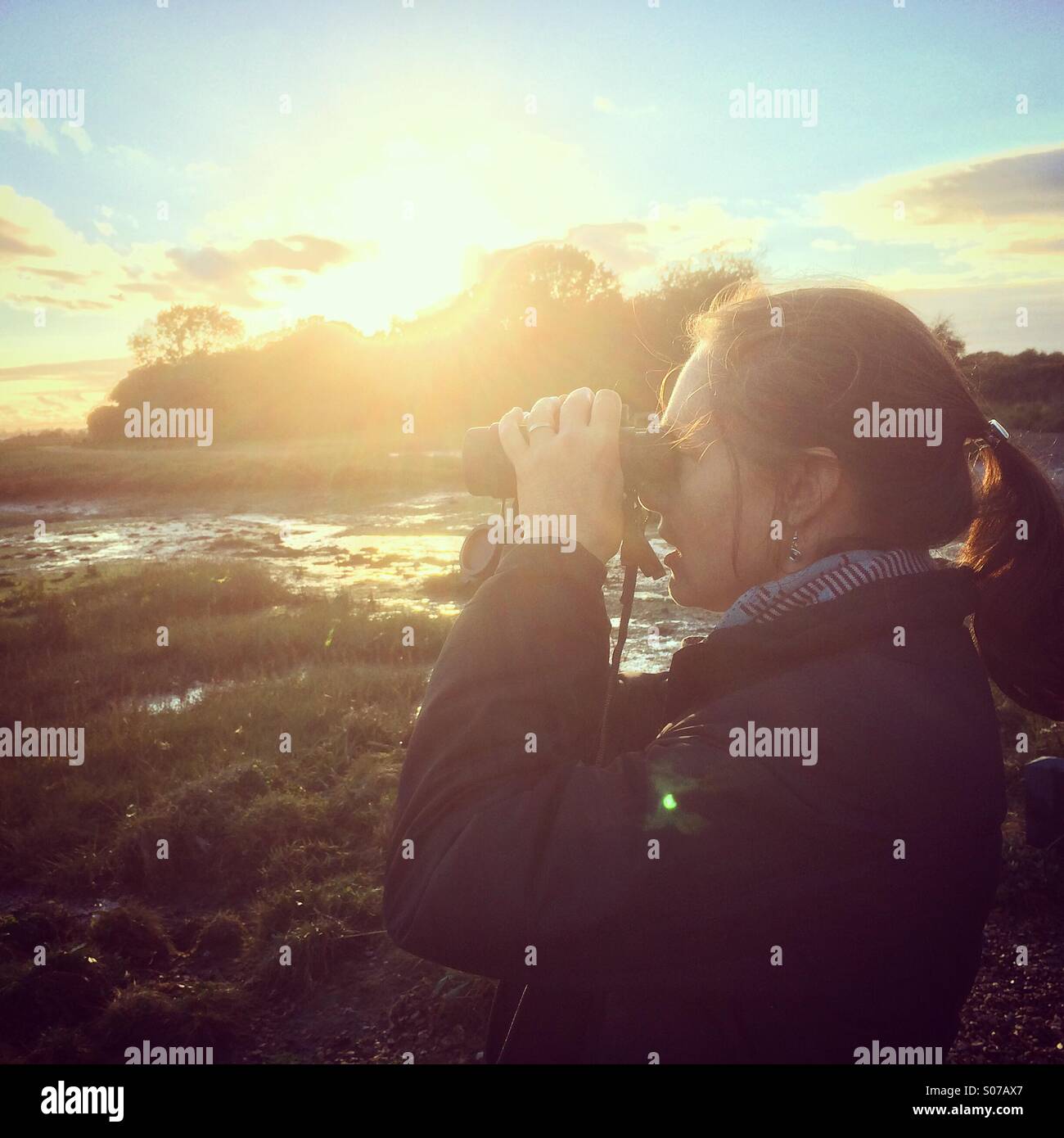 Birdwatching at sunset in Chichester Harbour - Smartphone Captured Stock Image