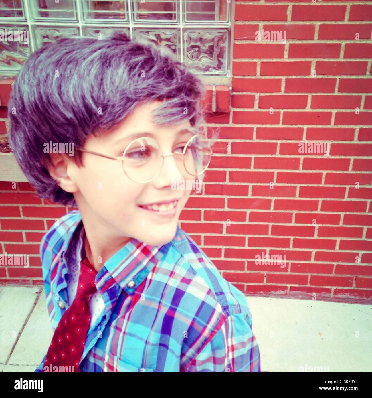 Boy dressed up as old man for Halloween - Smartphone Captured Stock Image