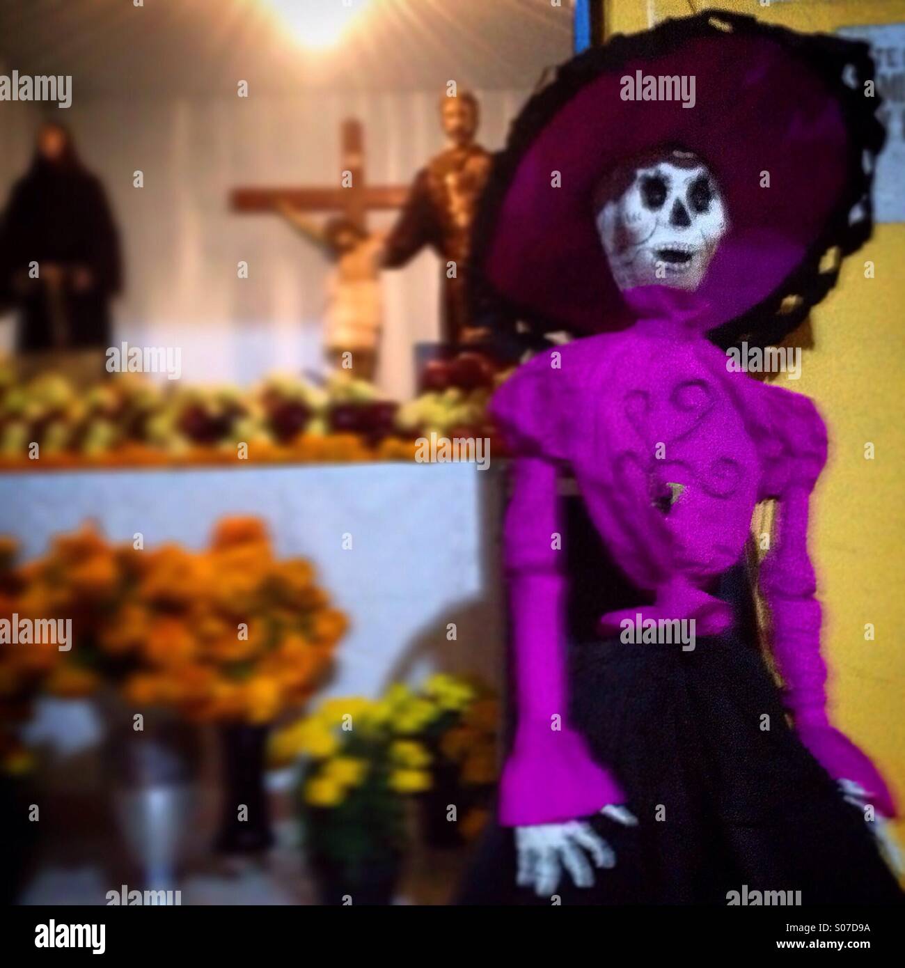 A Catrina skeleton decorates the chapel during Day of the Dead celebrations of San Gregorio Atlapulco cemetery in Xochimilco,Mexico City, Mexico - Smartphone Captured Stock Image