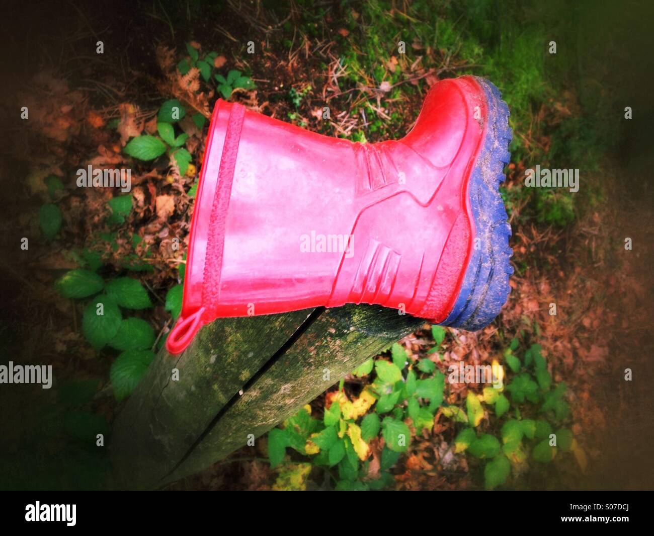 A child's lost red Wellington boot on a post Stock Photo