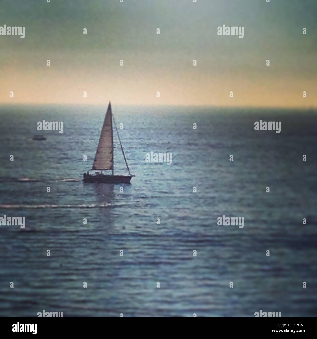 One sailboat at sunset - Smartphone Captured Stock Image