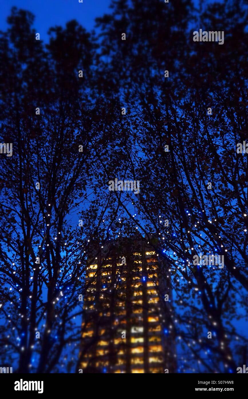 Building at night with trees and lights (tilted focus) - Smartphone Captured Stock Image