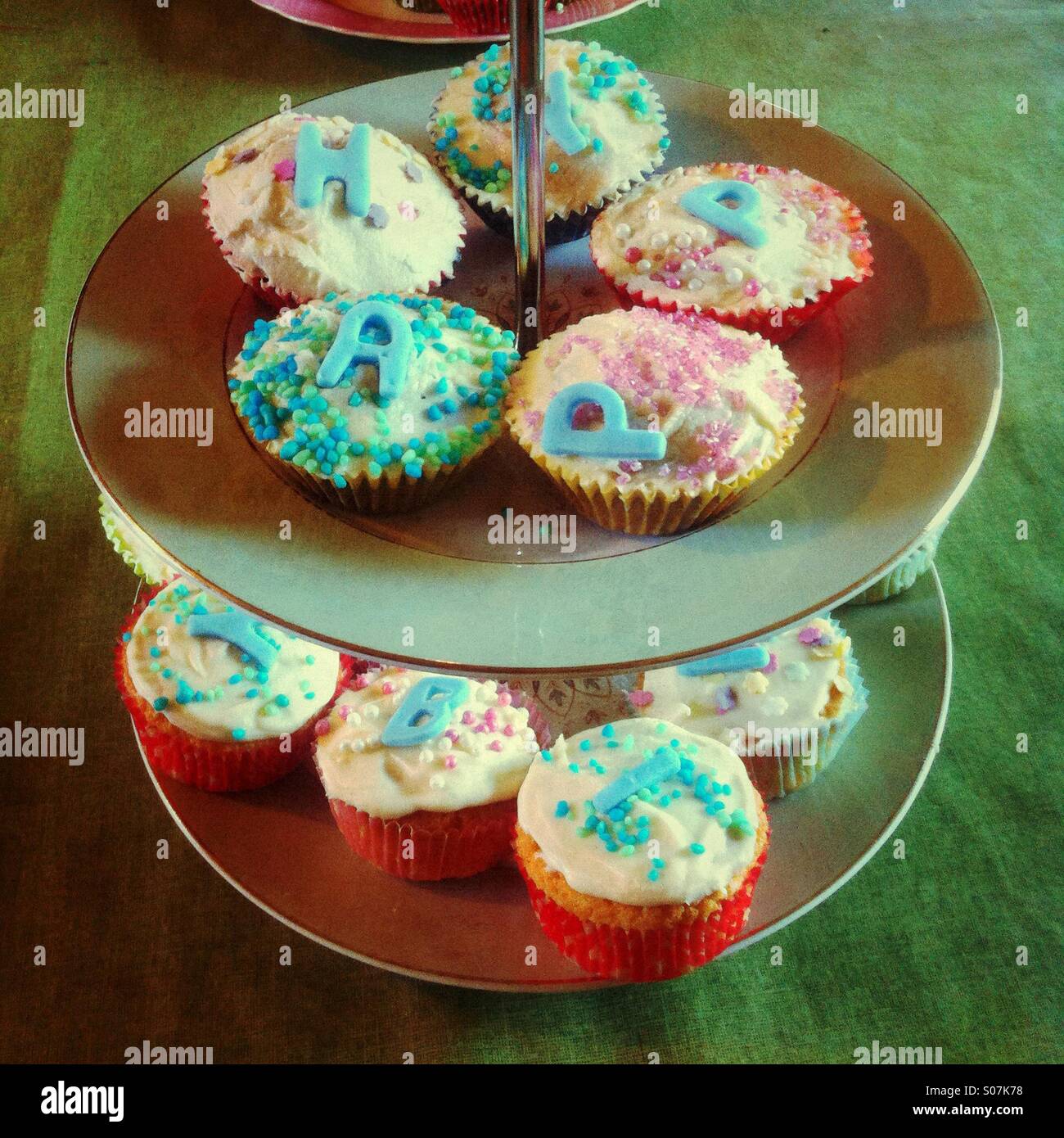 Birthday cupcakes on a vintage china cake stand - Smartphone Captured Stock Image