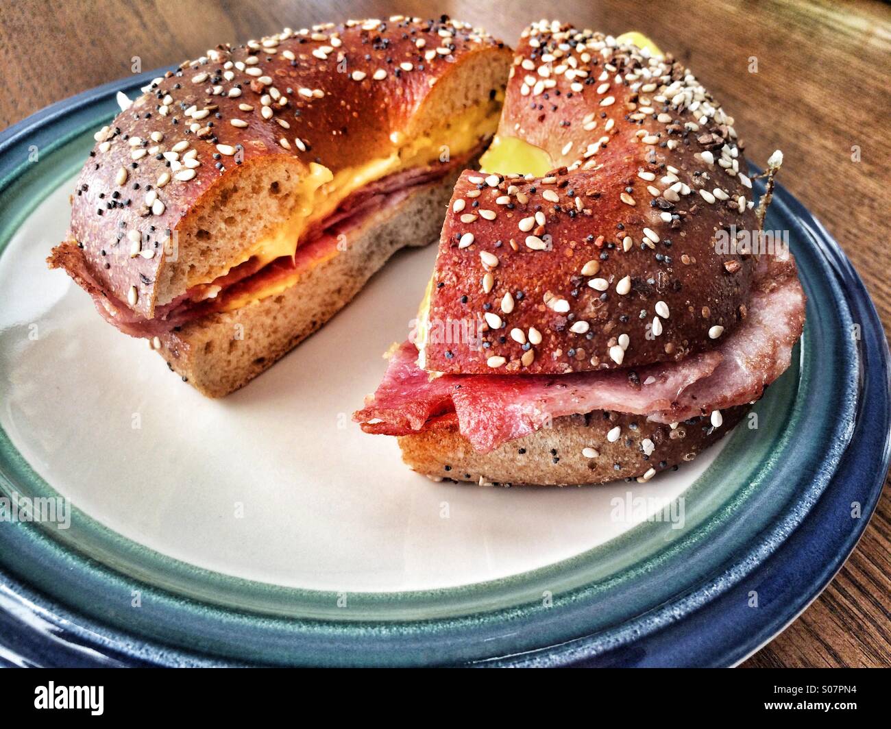 Pork Roll, egg, and cheese sandwich on an everything bagel - Smartphone Captured Stock Image