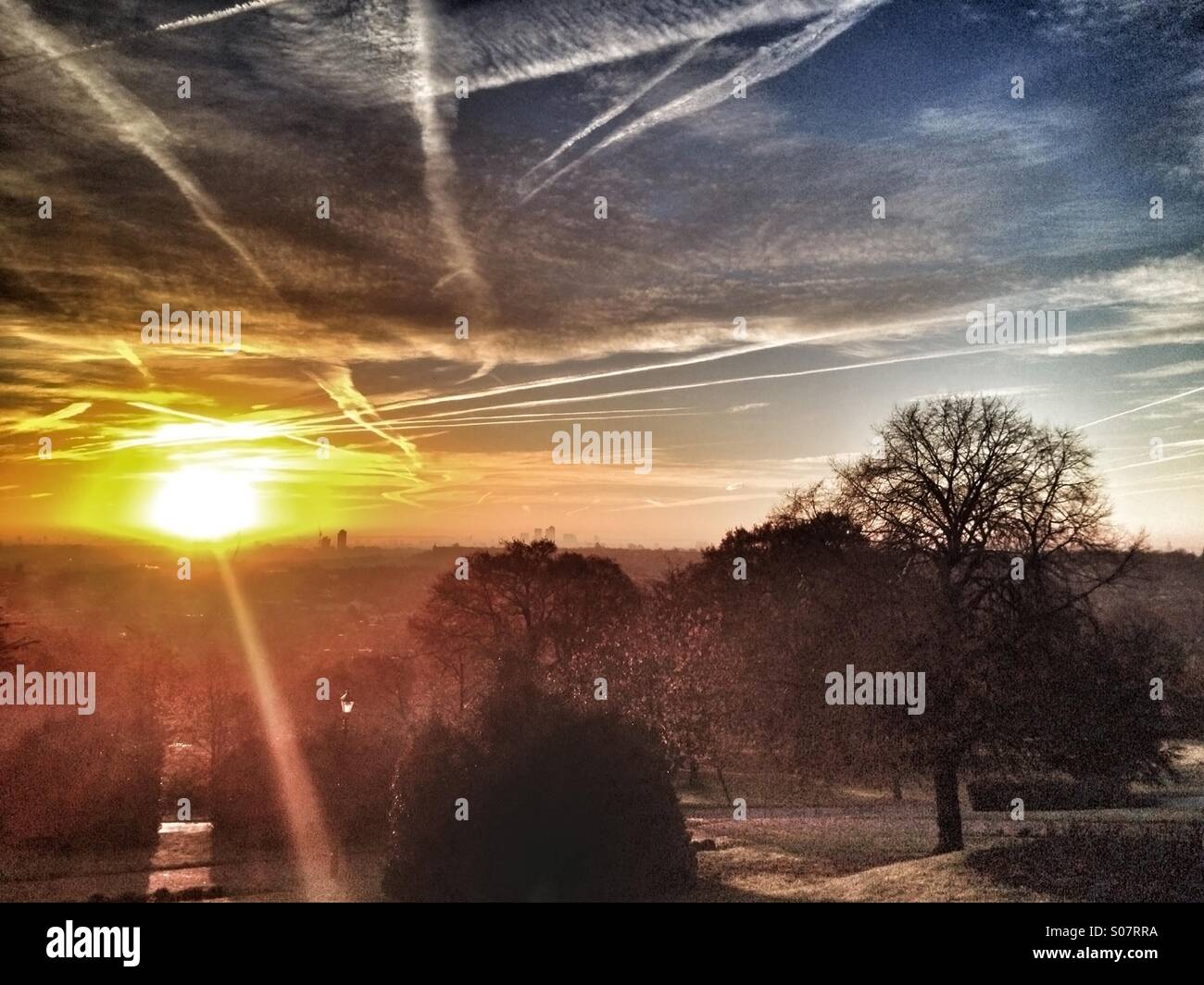 A view over London as the sun rises, Alexandra Palace Park. London, UK - Smartphone Captured Stock Image