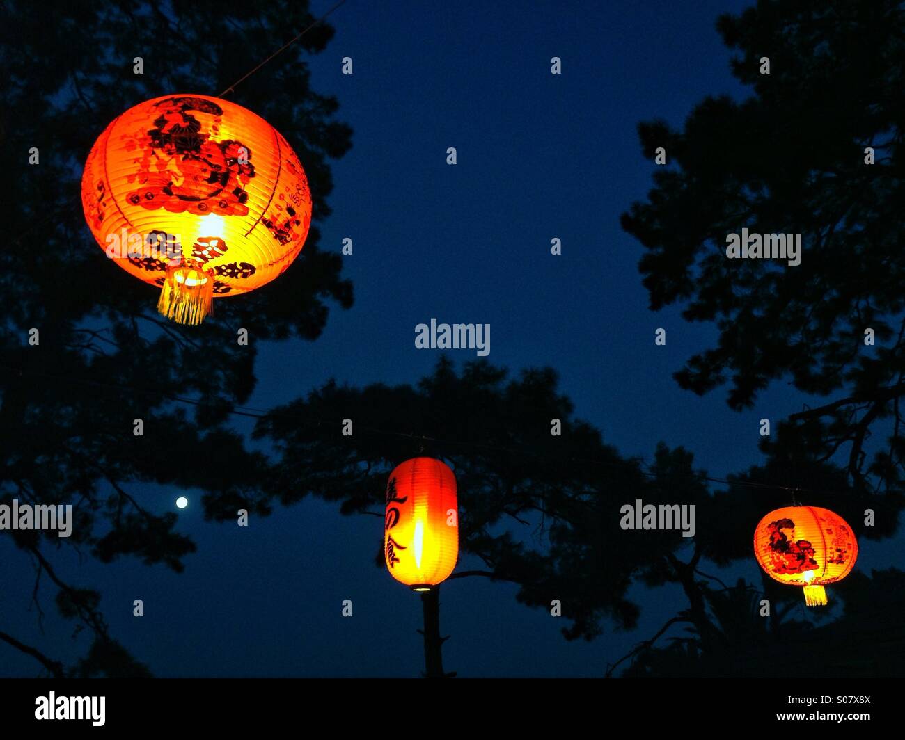Three Chinese Lantern Lights, hanging at an Open Air Restaurant at Dusk. The surrounding Trees are Silhouetted against a dark blue sky, with The Moon visible behind the Trees. - Smartphone Captured Stock Image