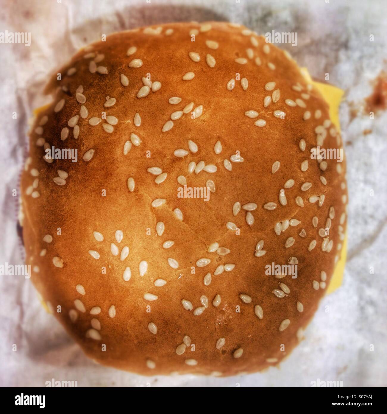 Hamburger with sesame seeds, view from above. - Smartphone Captured Stock Image