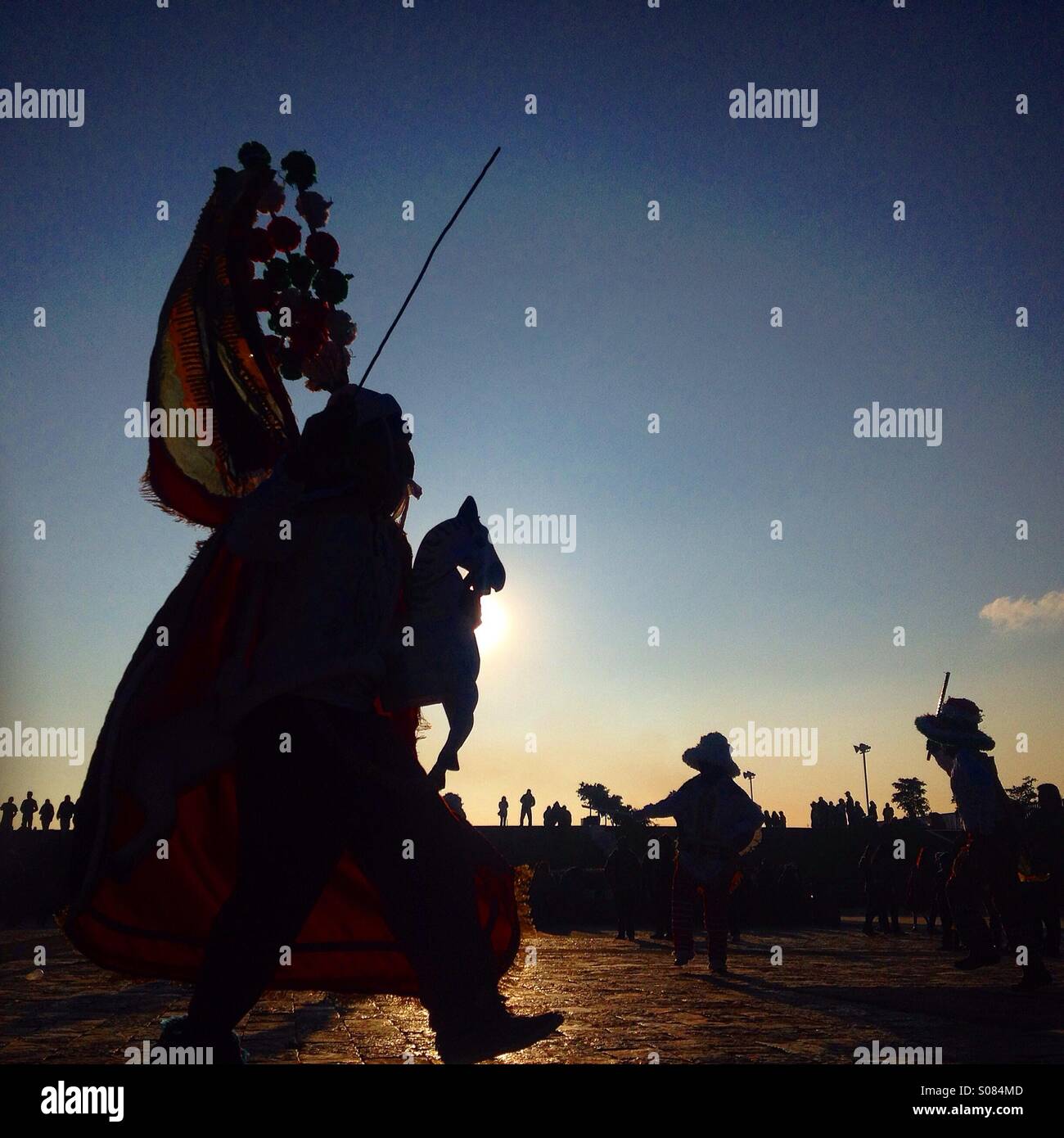 Dancer dressed as Saint James the pilgrimage to the Our Lady of Guadalupe Basilica,Mexico. Dancers from Chocaman, Veracruz, perform Saint James dance representing victory of the apostle over the Devil - Smartphone Captured Stock Image