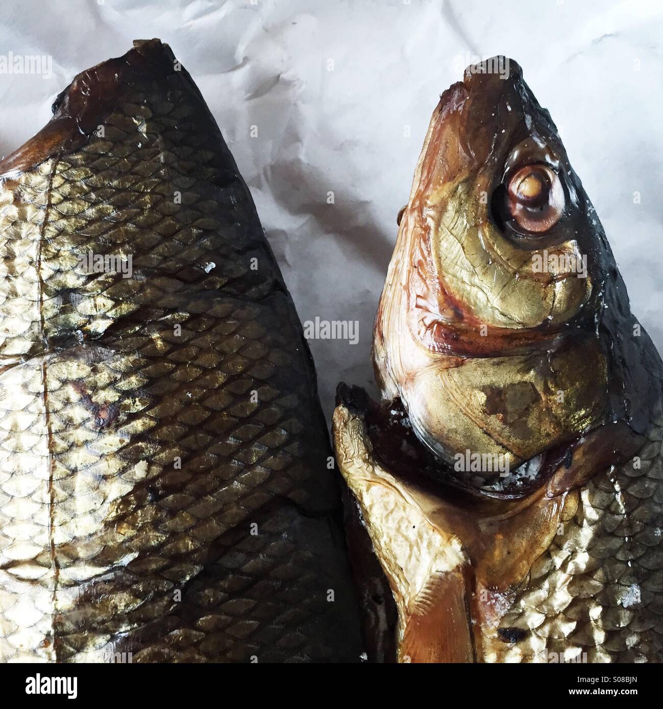 Smoked Whitefish on butcher paper - Smartphone Captured Stock Image