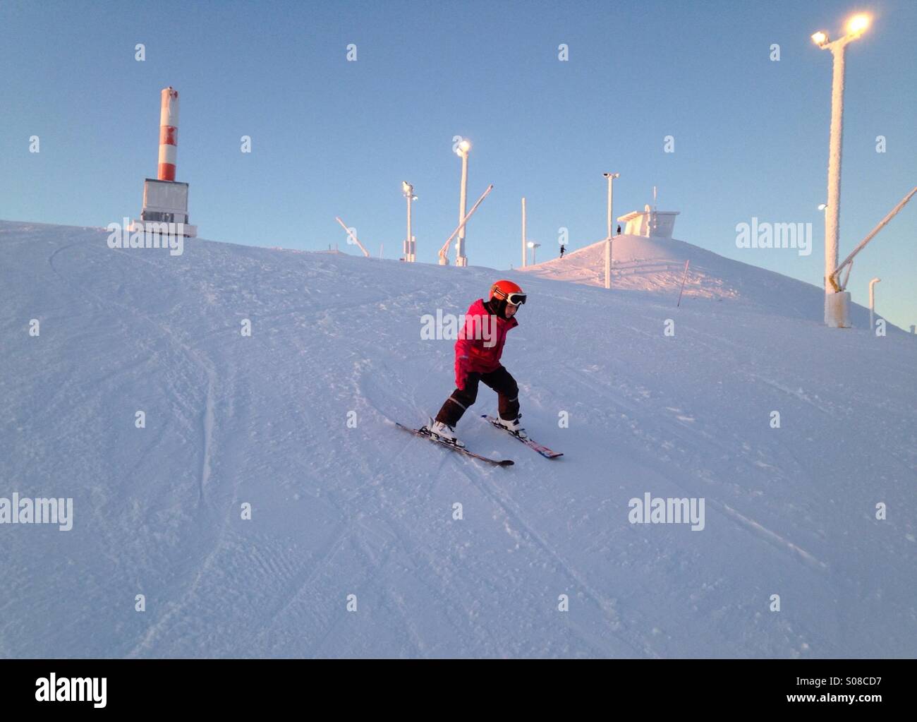 Child skiing, Ruka ski resort, Finland. MR available - Smartphone Captured Stock Image
