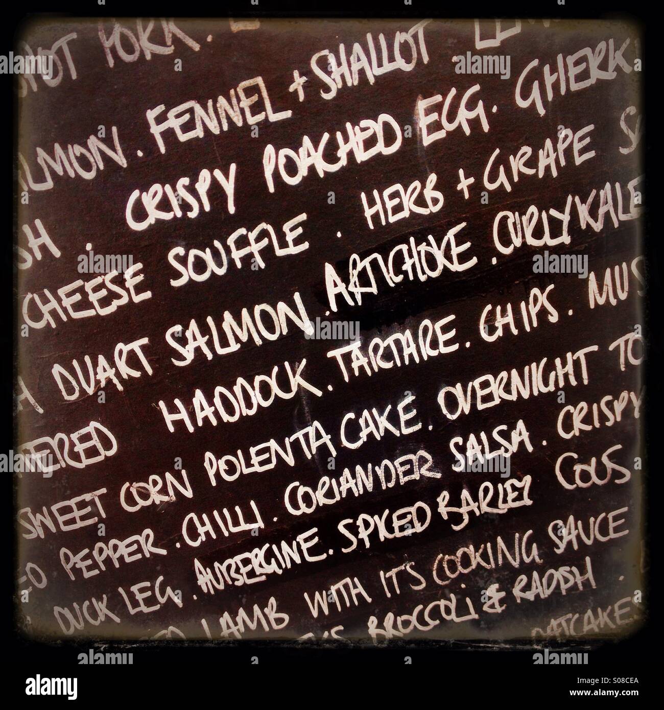 Gourmet courses of fish,meat and poultry on a blackboard menu Stock