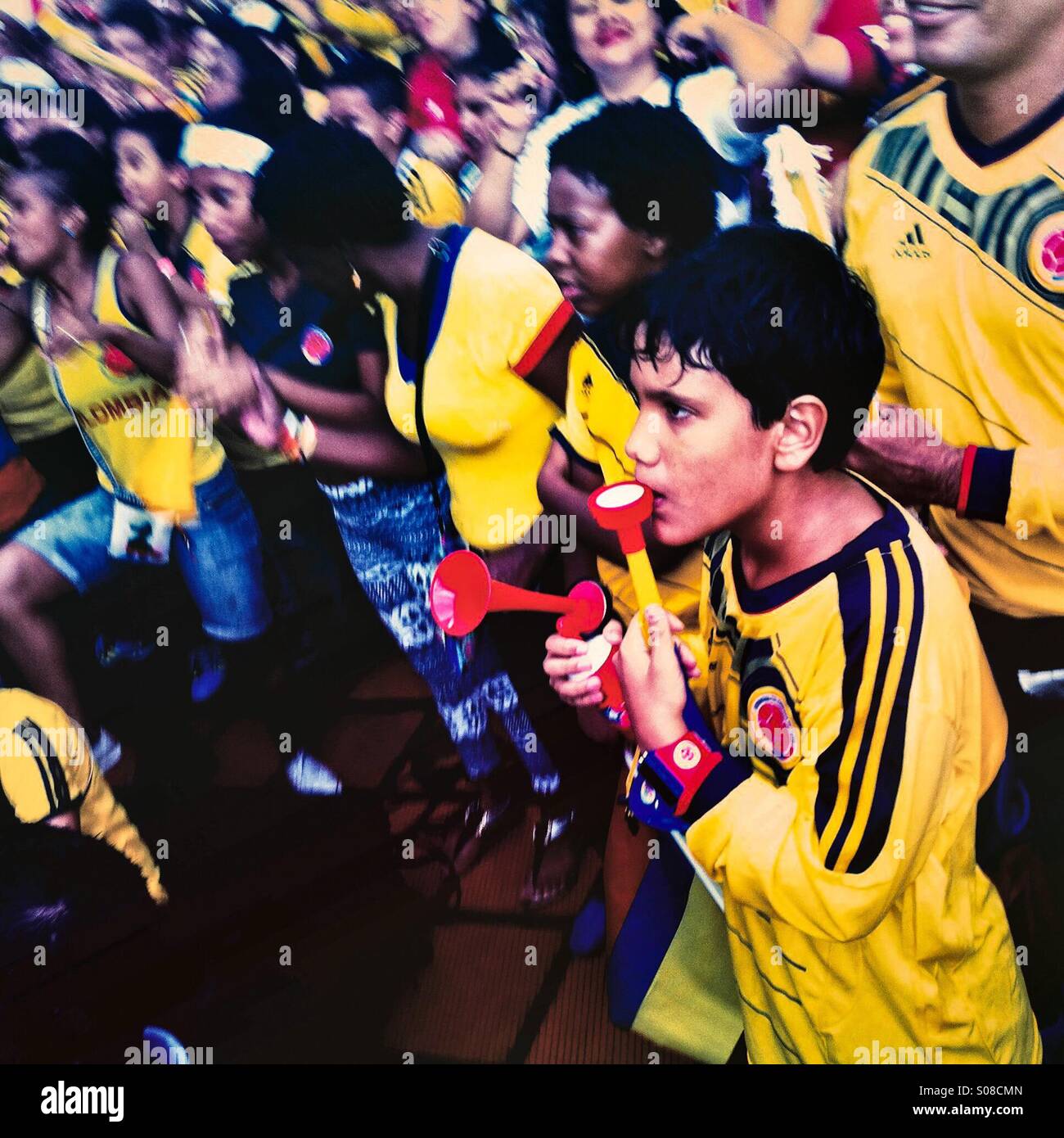 Colombia football fans cheer while watching the football match between Colombia and Japan at the FIFA World Cup 2014, in a park in Cali, Colombia, 24 June 2014. Stock Photo