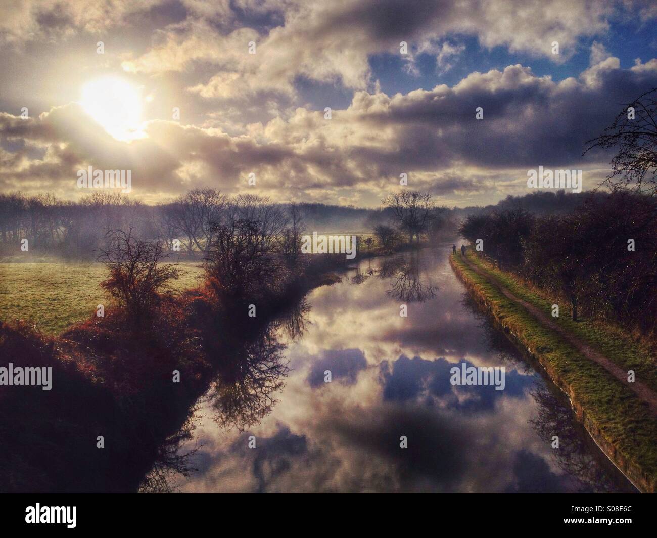 Misty morning on Leeds Liverpool canal near Adlington - Smartphone Captured Stock Image