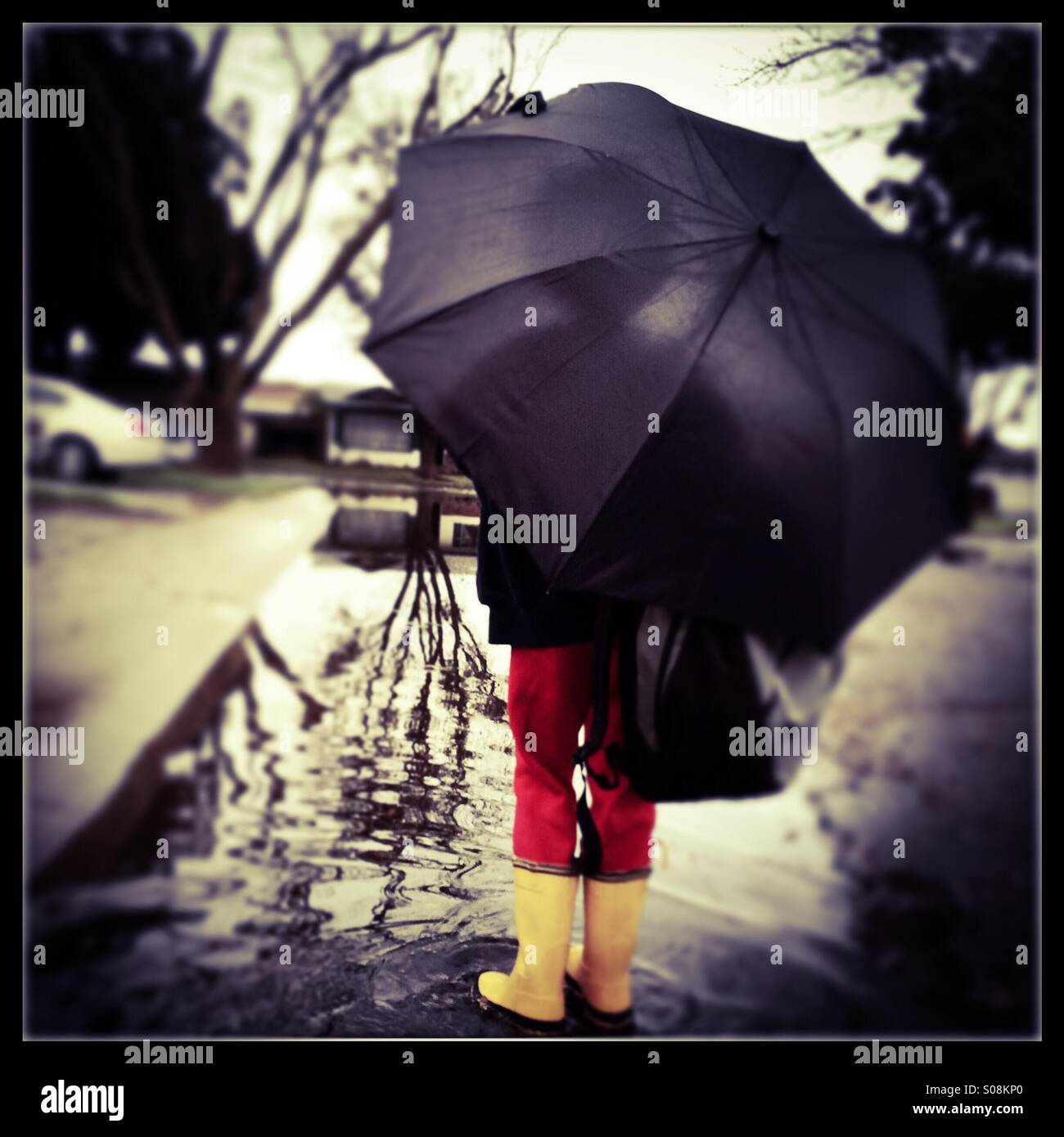 A six year old boy with a school bag holding an umbrella and wearing rain boots walks through a flooded street on the way to school. - Smartphone Captured Stock Image