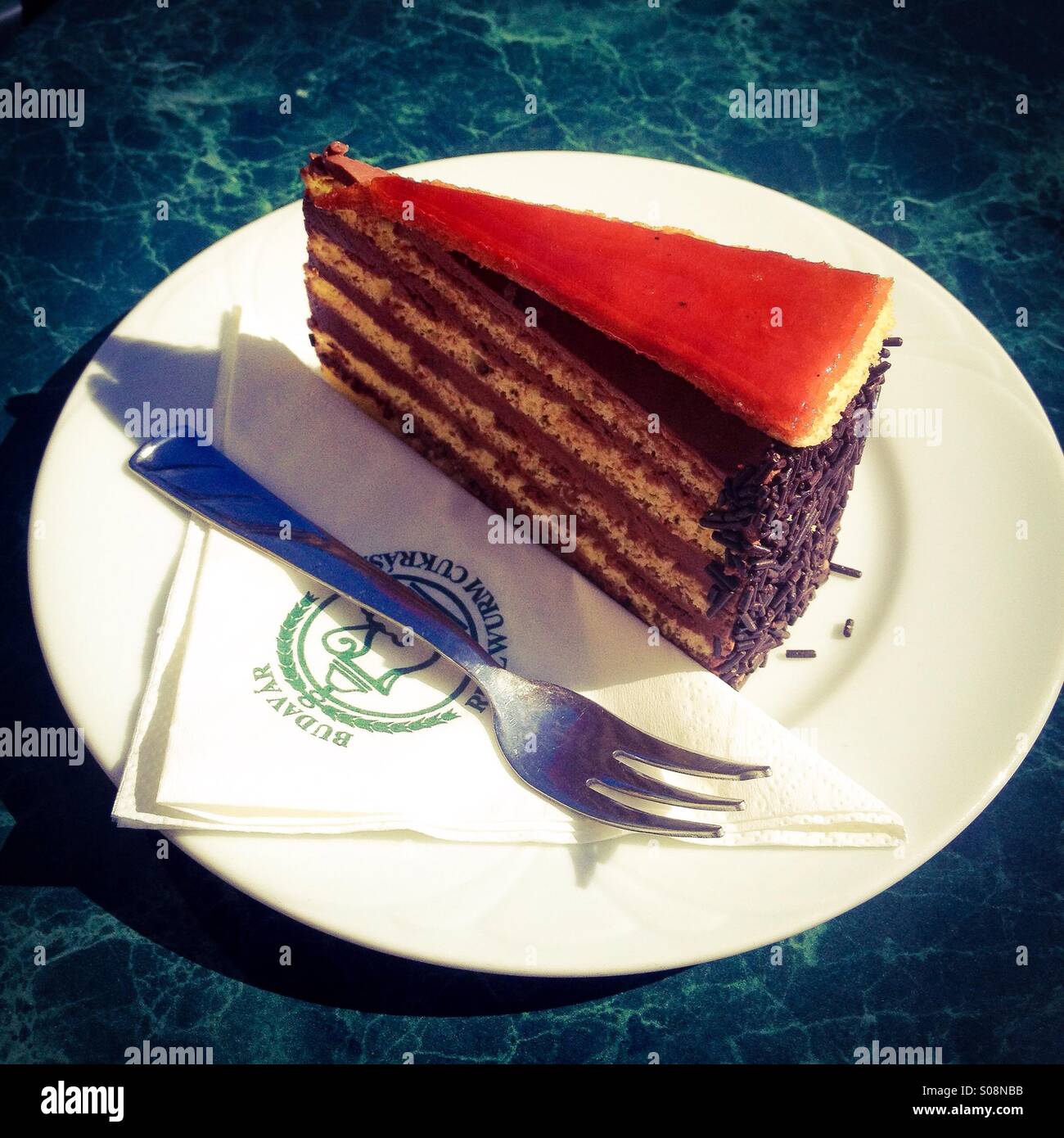 A slice of 'Dobos Torta,' one of Hungary's signature cakes. Stock Photo