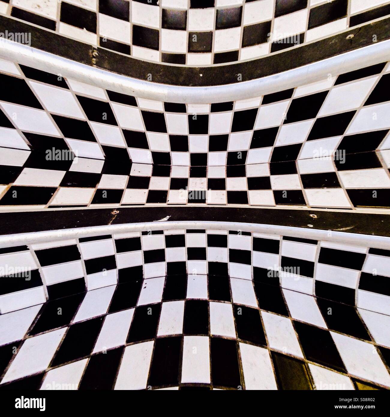 Fisheye filter on black and white check step. - Smartphone Captured Stock Image