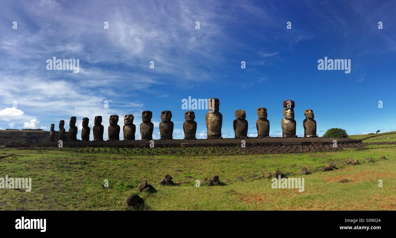 Panoramic photo of the Moais from Easter island? Stock Photo