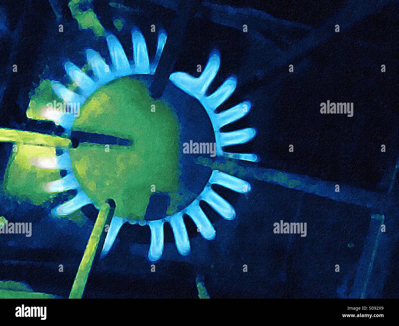 Blue flame on a gas stove. Stylish and inviting in an artist’s rendition. Ready. Cool. Hot. Room for type. - Smartphone Captured Stock Image