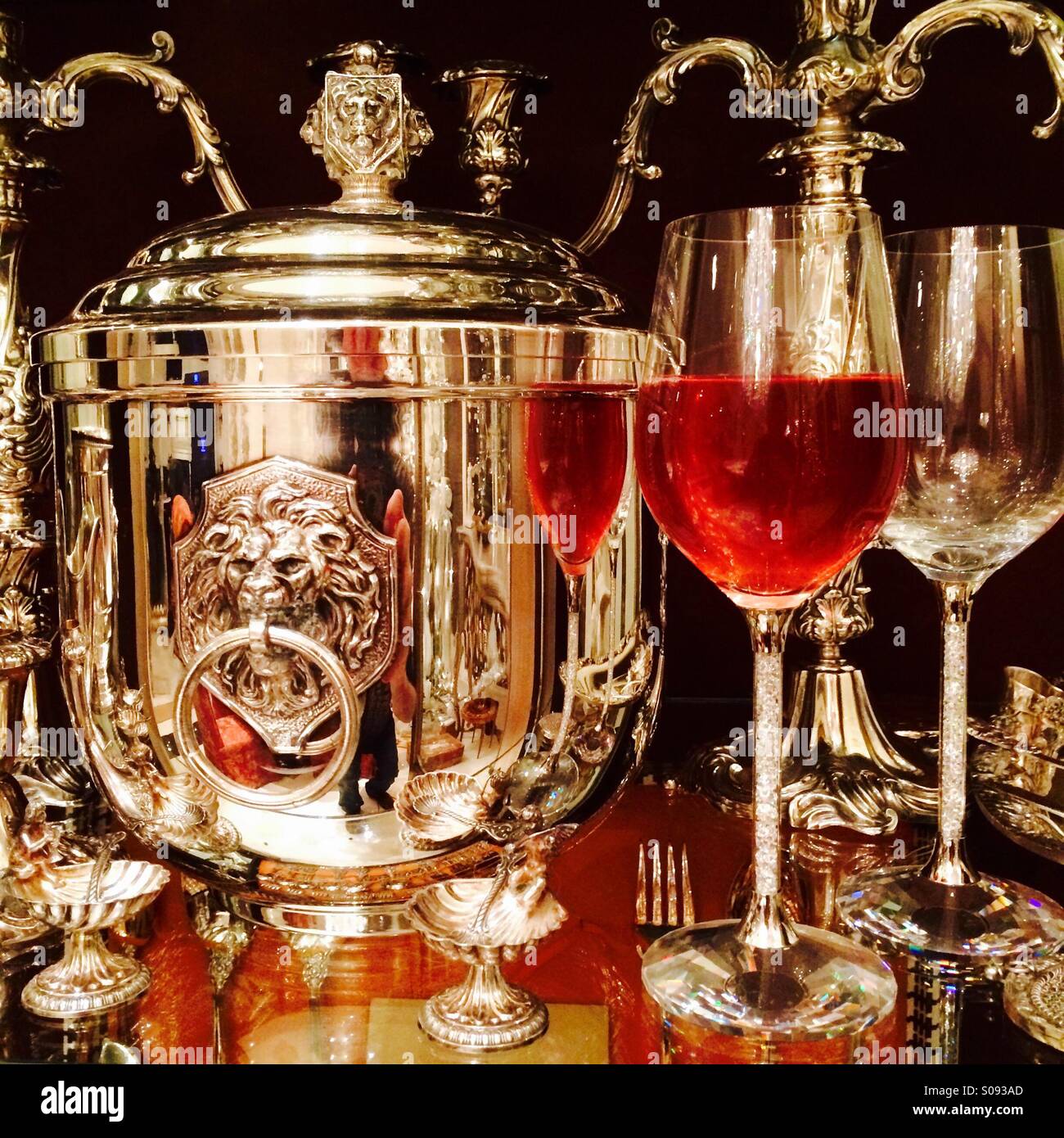 crystal stem wine glasses sera crystal stem wine glass silver pieces as background stock photo crystal stem wine glasses sera crystal stem wine glass silver pieces as background stock photo
